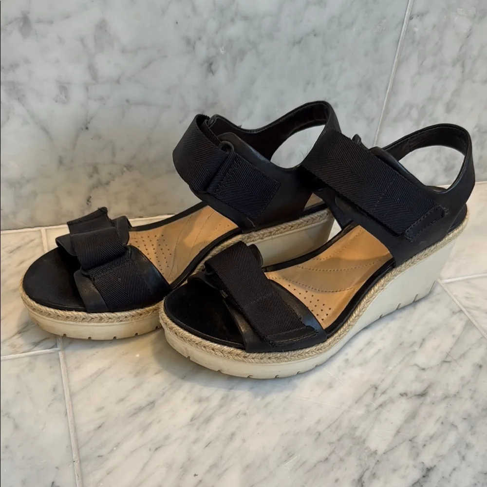 Clarks Black Wedge Espadrille Sandals with Adjustable Straps